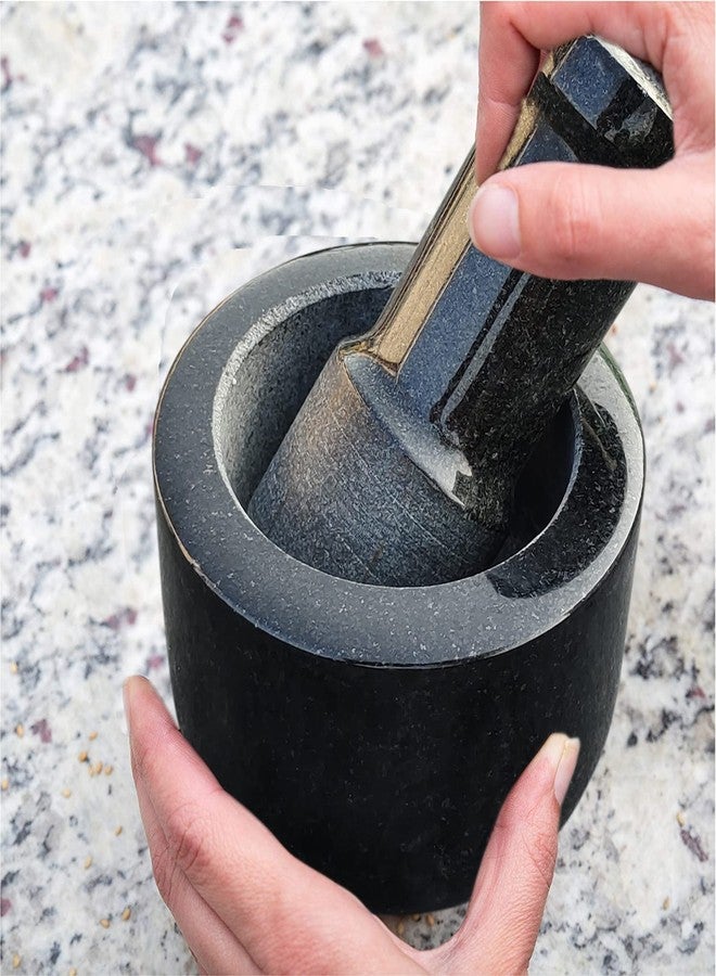 EZAHK Stone Mortar and Pestle Set,Black Granite Polished for Spices, Okhli Masher, Khalbatta Stone, Home Decor, Musal, Well Design for Kitchen, Home, Herbs (4 inch) Small Size Grey - Image 2